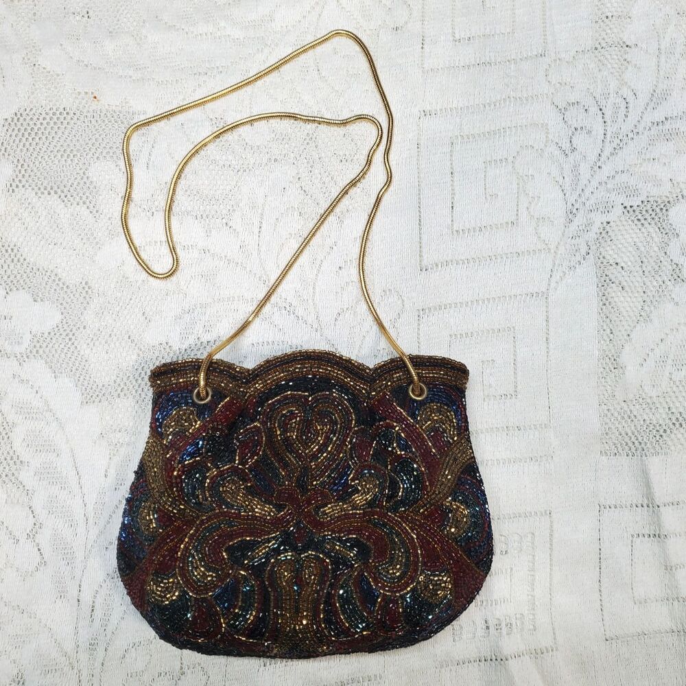 Vintage 80S WALBORG Beaded Evening Bag Symmetrical Pattern Multicolor Blue Red +